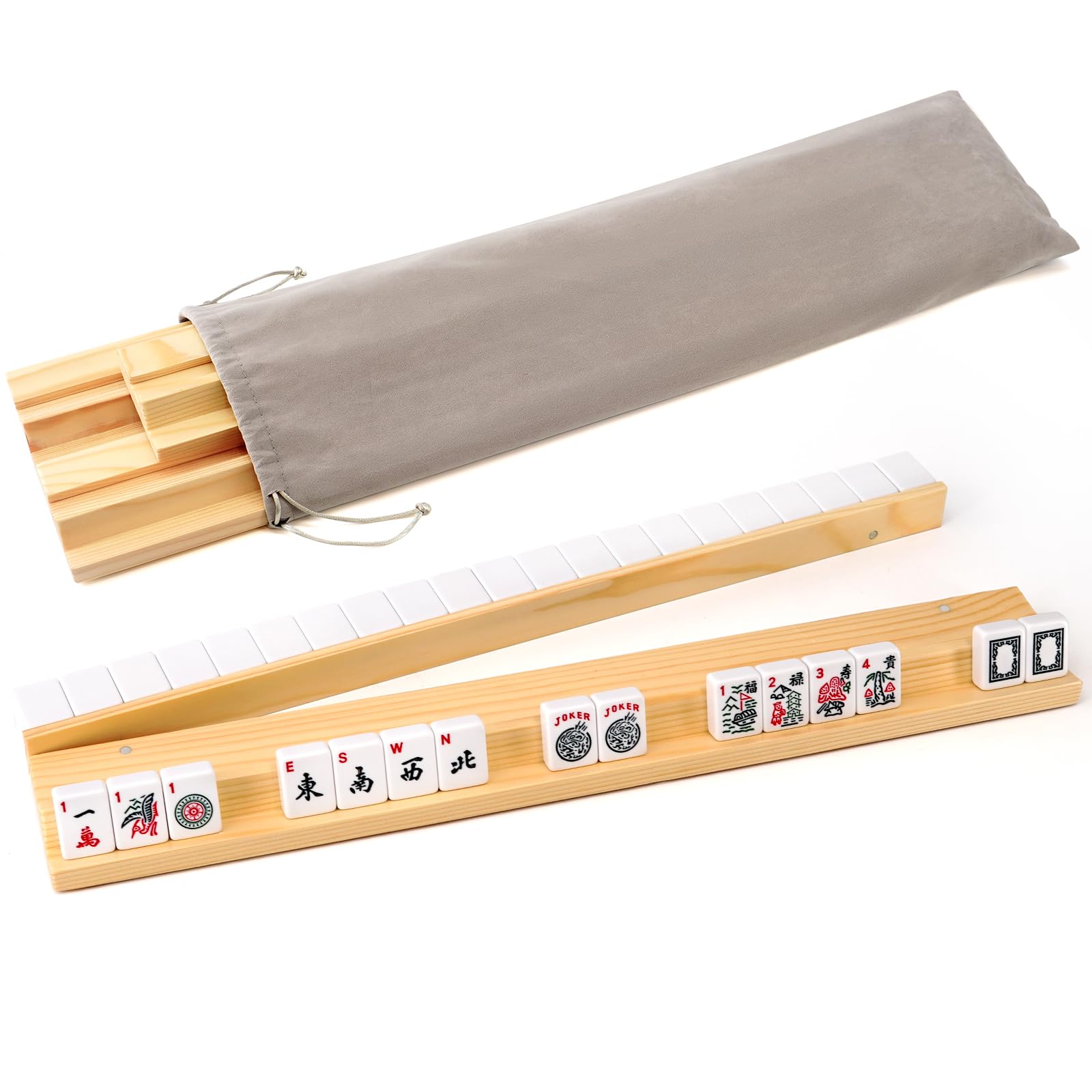 AzulHome 4 Pcs Mahjong Racks with Pushers with Bag, 19 Inches Wooden American Mahjong Tile Racks/Trays/Holders, Dominoes Game Stands (Includes