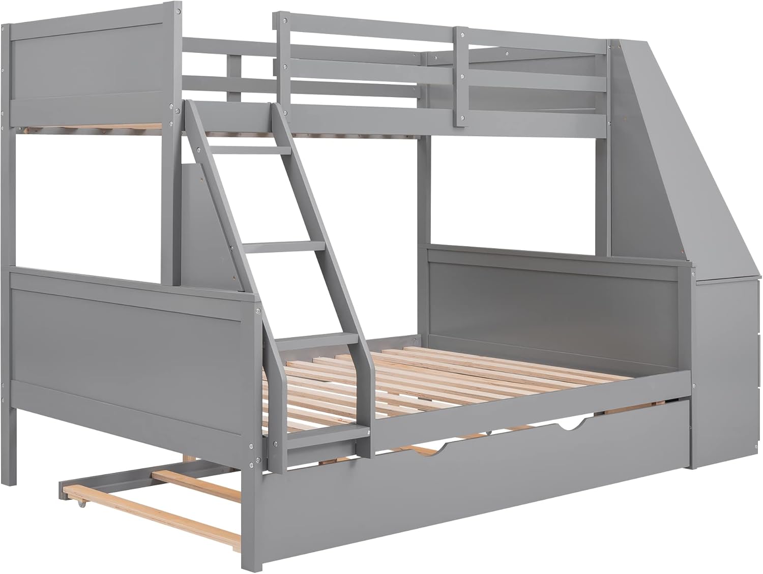 Harper & Bright Designs Twin Over Full Wood Bunk Bed with Desk and Trundle, Kids Bunk Beds with Storage Drawers and Shelf for Girls Boys,Grey