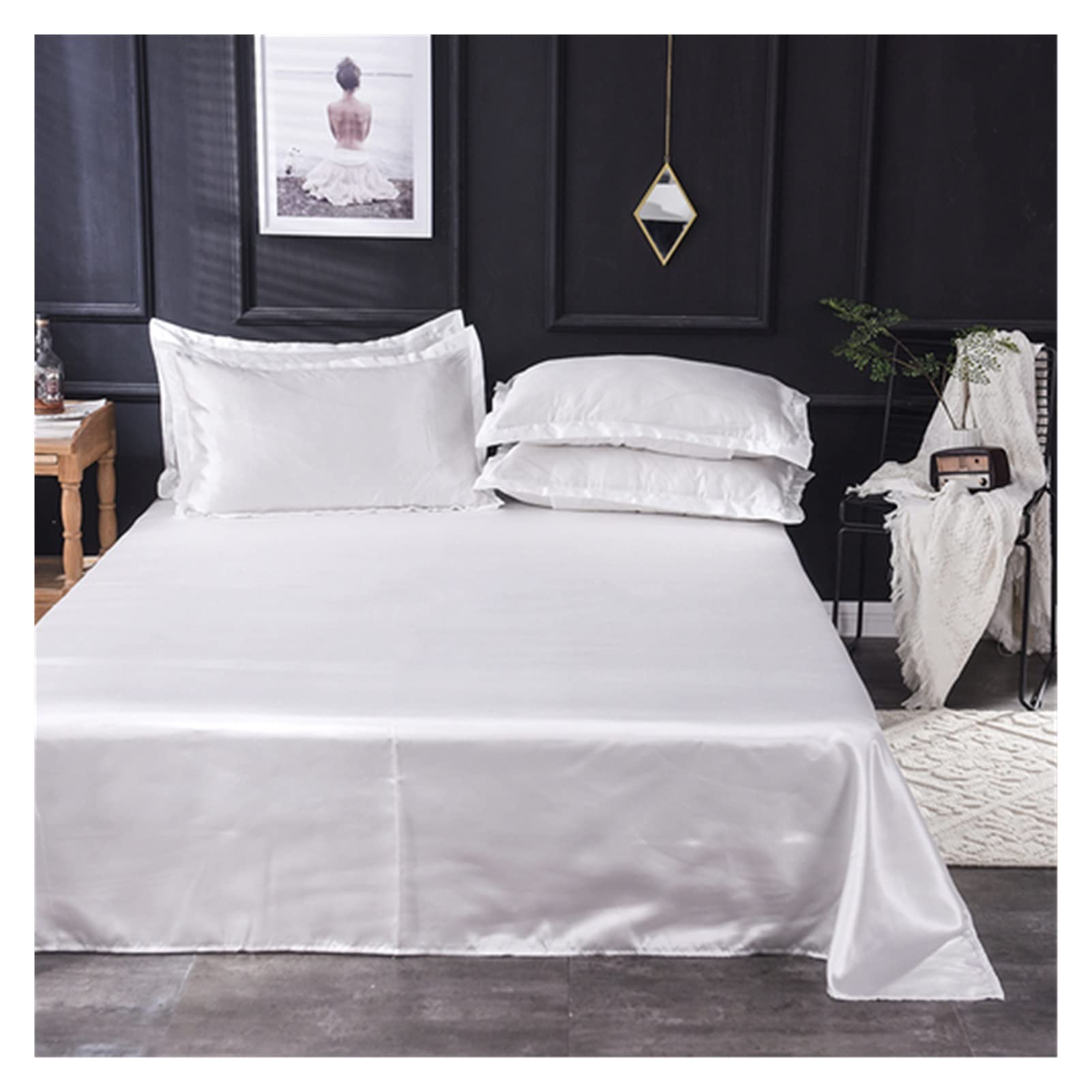 Silk Bed Sheets Flat Sheet Solid Color Ice Silk Satin Fabric Bedding Queen King Size Luxury Bed Sheet Bedclothes Bed Sheets and Pillowcases(White,48x74 2pc pillowcase)