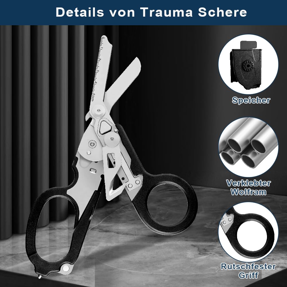 Trauma Schere Multitool, Rettungsschere mit 6 Praktischen Funktionen, Faltbare Schere aus Edelstahl, Gurtschneider, Glasbrecher, Raptor Response Notfallschere