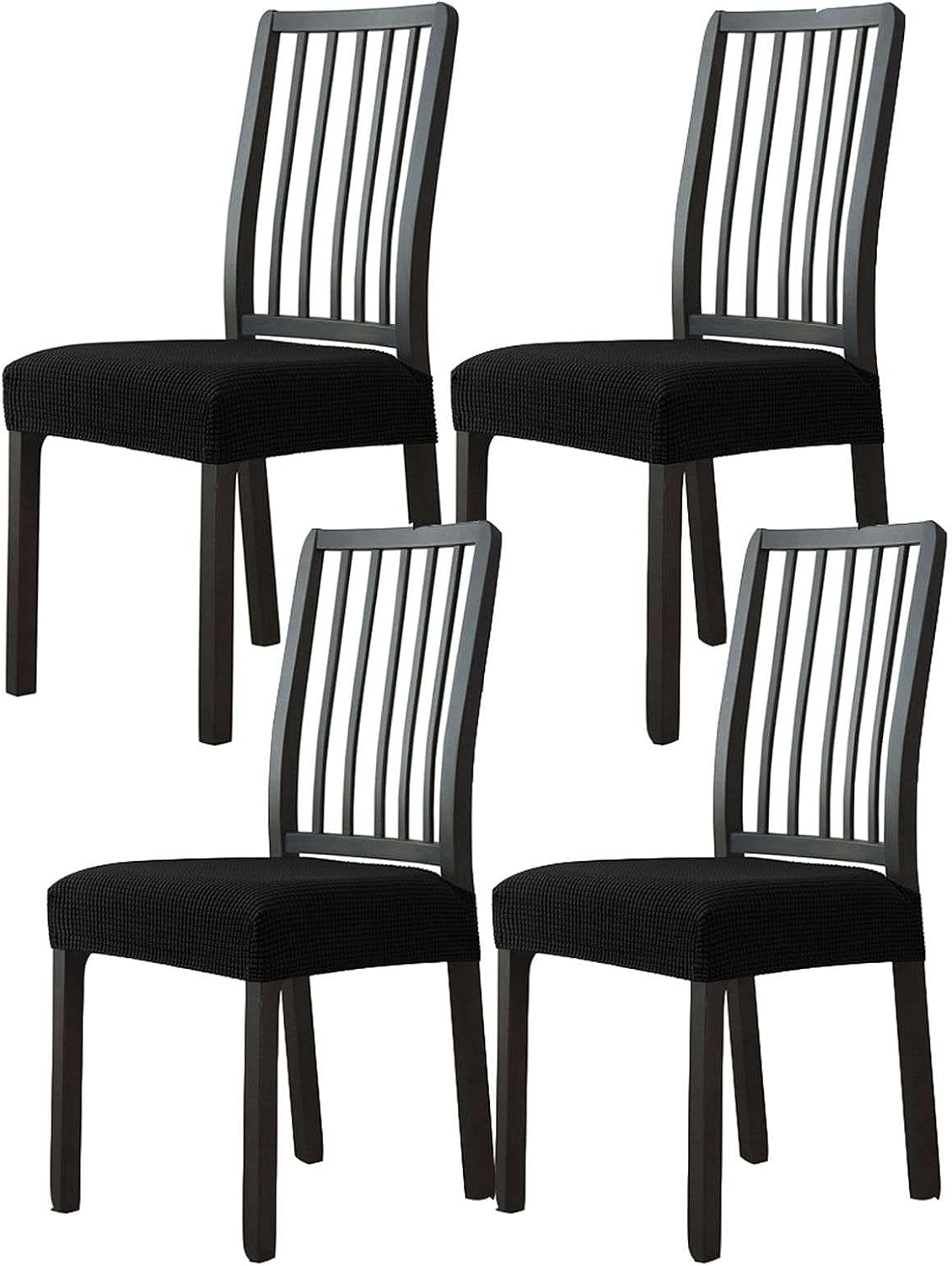 Chair Seat Covers, Stretch Dining Chair Seat Covers Elastic Plaid Dining Room Chair Seat Covers Seat Covers for Dining Room Chairs Removable Washable for Kitchen Office-Black-Set of 4