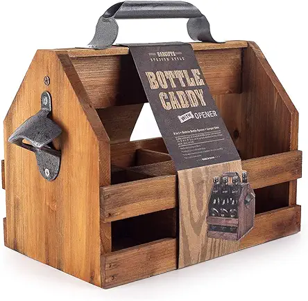 6-Bottle Wooden Caddy with Opener & Removable Divider (Brown)