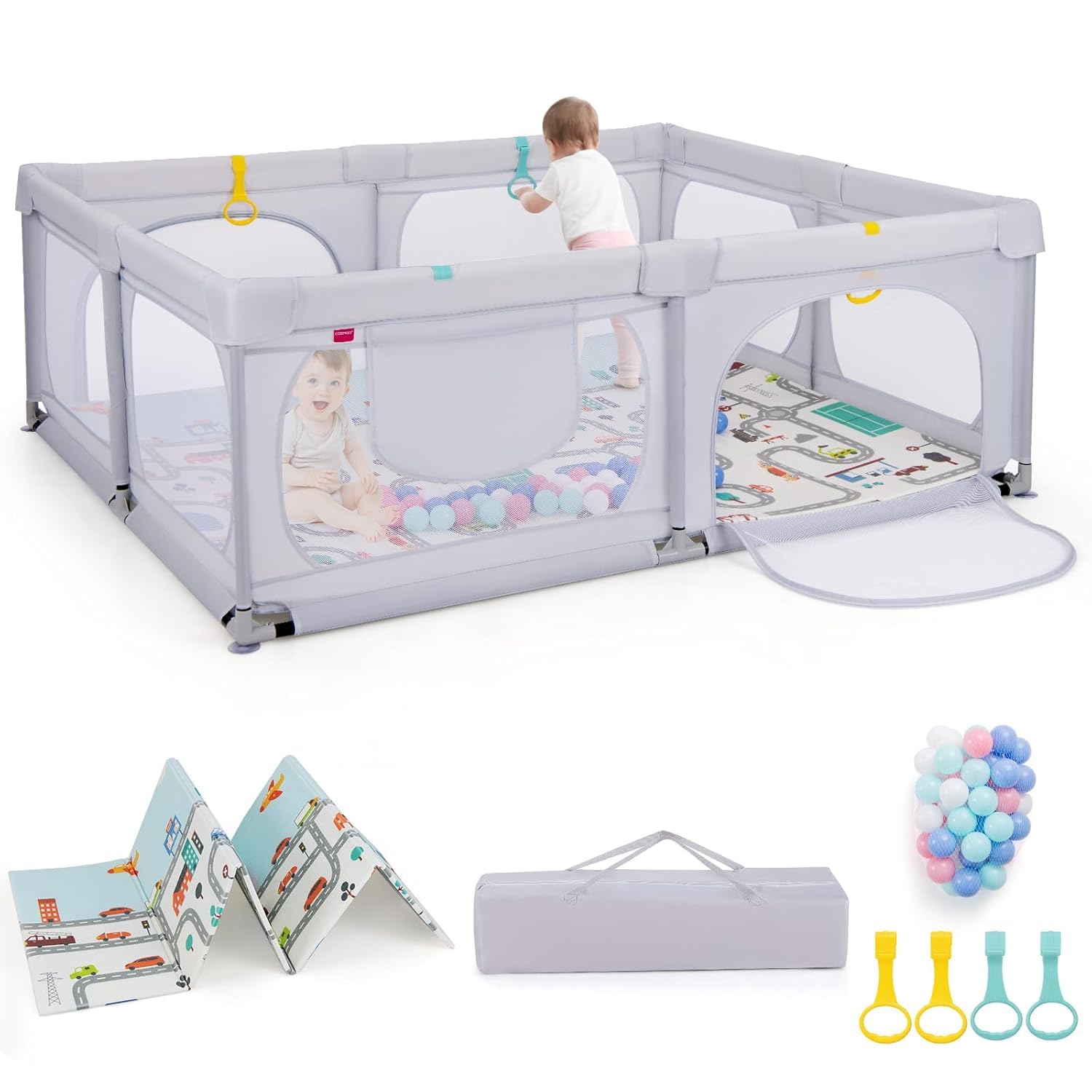 FANTASK Parque infantil plegable con colchón, 189 x 158 cm, con 50 pelotas de juego y 4 asas (gris claro)