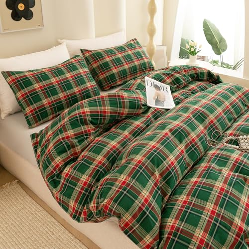 Image of ECOCOTT Buffalo Plaid Duvet Cover King Size- 3 Piece Green Checkered Bedding Set, 100% Washed Cotton, Soft Breathable Reversible Design with Zipper Closure & Corner Ties