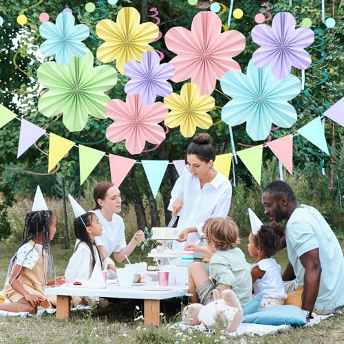 Image of Pastel Rainbow Birthday Party Decorations with Paper Flowers Tassel Garland | Pastel Macaron Rainbow Decor for Classroom Baby Shower for Kids Easter parties Carnival Theme Hanging Supplies