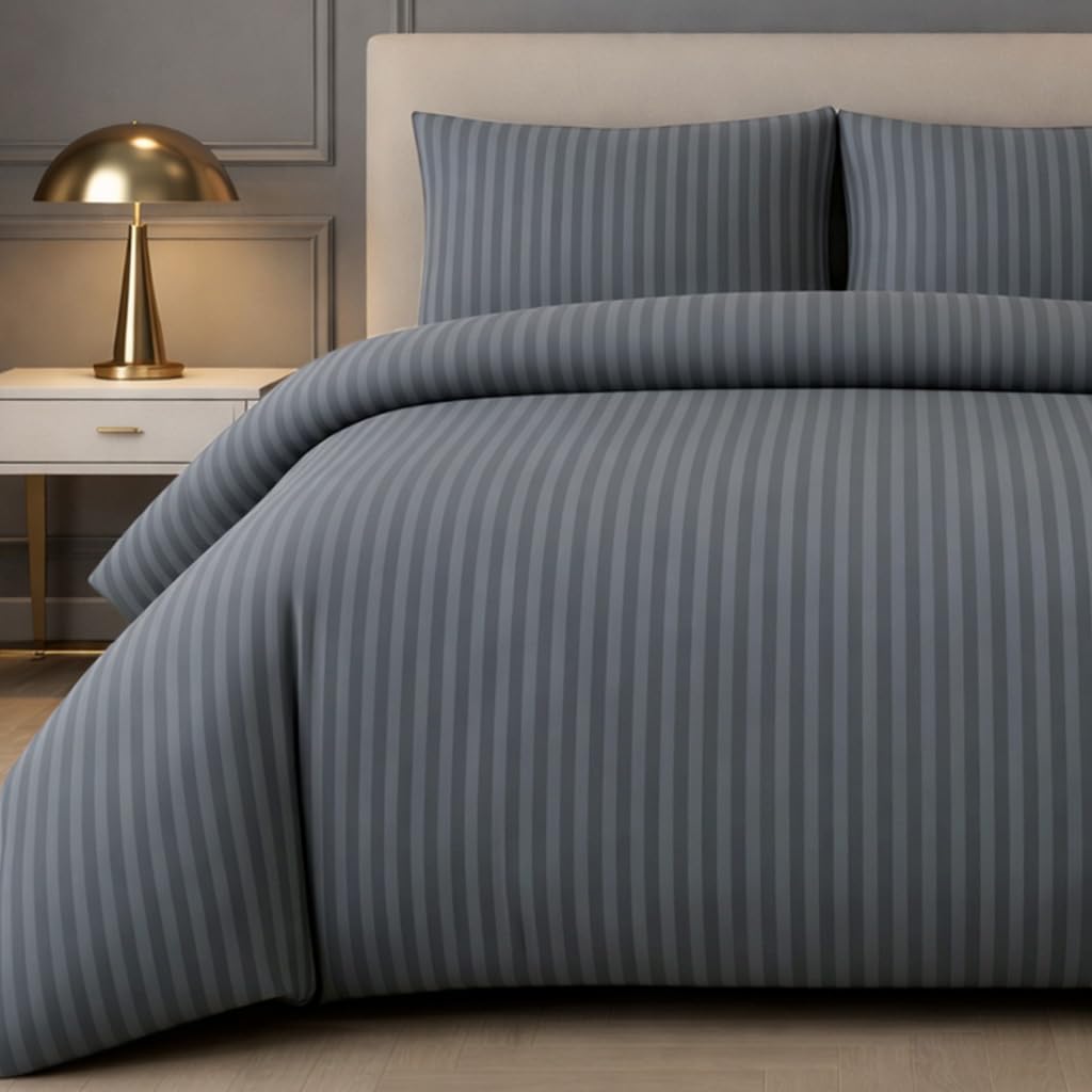 Lazzaro Home Feel The Difference Dark Grey Lazzaro Satin Stripe Single Duvet Cover Set Pack Of 4 - Premium Hotel Quality Quilt Cover Single Bedding Set - Ultra Soft Hypoallergenic Duvet Cover Single With Zipper Closure