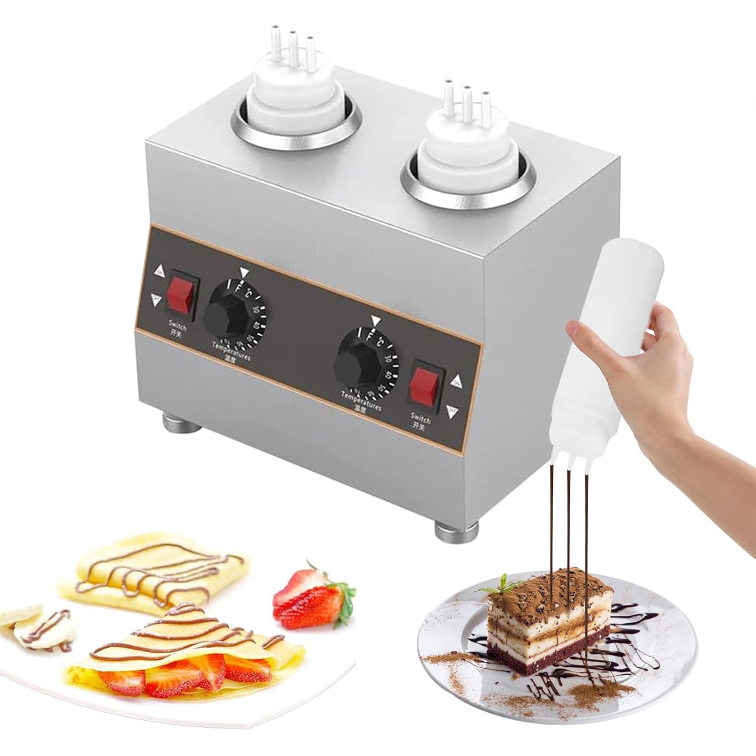 Kacbfee Electric Cheese & Chocolate Sauce Warmer, Adjustable 30-85℃ Food Dispenser For Ketchup, Caramel, Fudge, Commercial Use Ideal For Events & Catering 2 Bottles