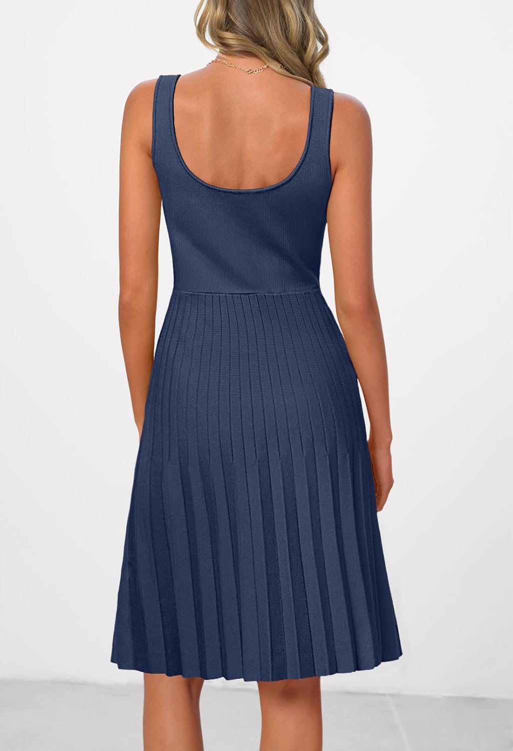 MEROKEETY Women's Summer Strap Square Neck Mini Dress Sleeveless Pleated A Line Swing Sweater Dress - Image 3