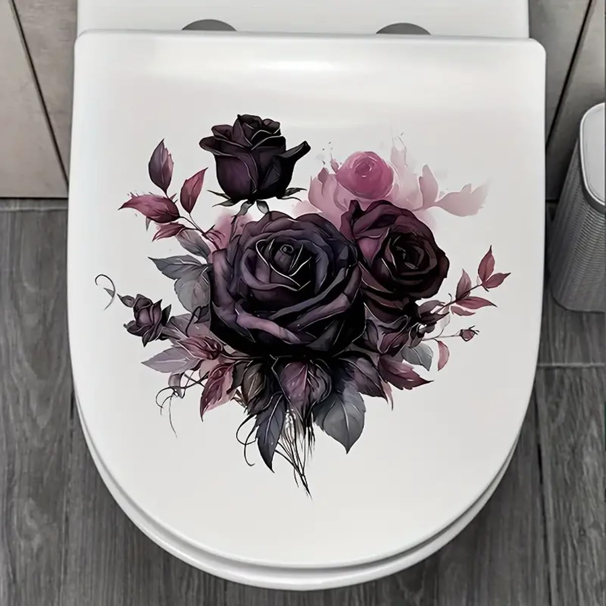 Tolovis Color Dark Rose Toilet Cover Sticker Decals,Flower Leaf Bird Waterproof Toilet Lid Tank Seat Decals Cistern Self-Adhesive Bathroom Wall Sticker