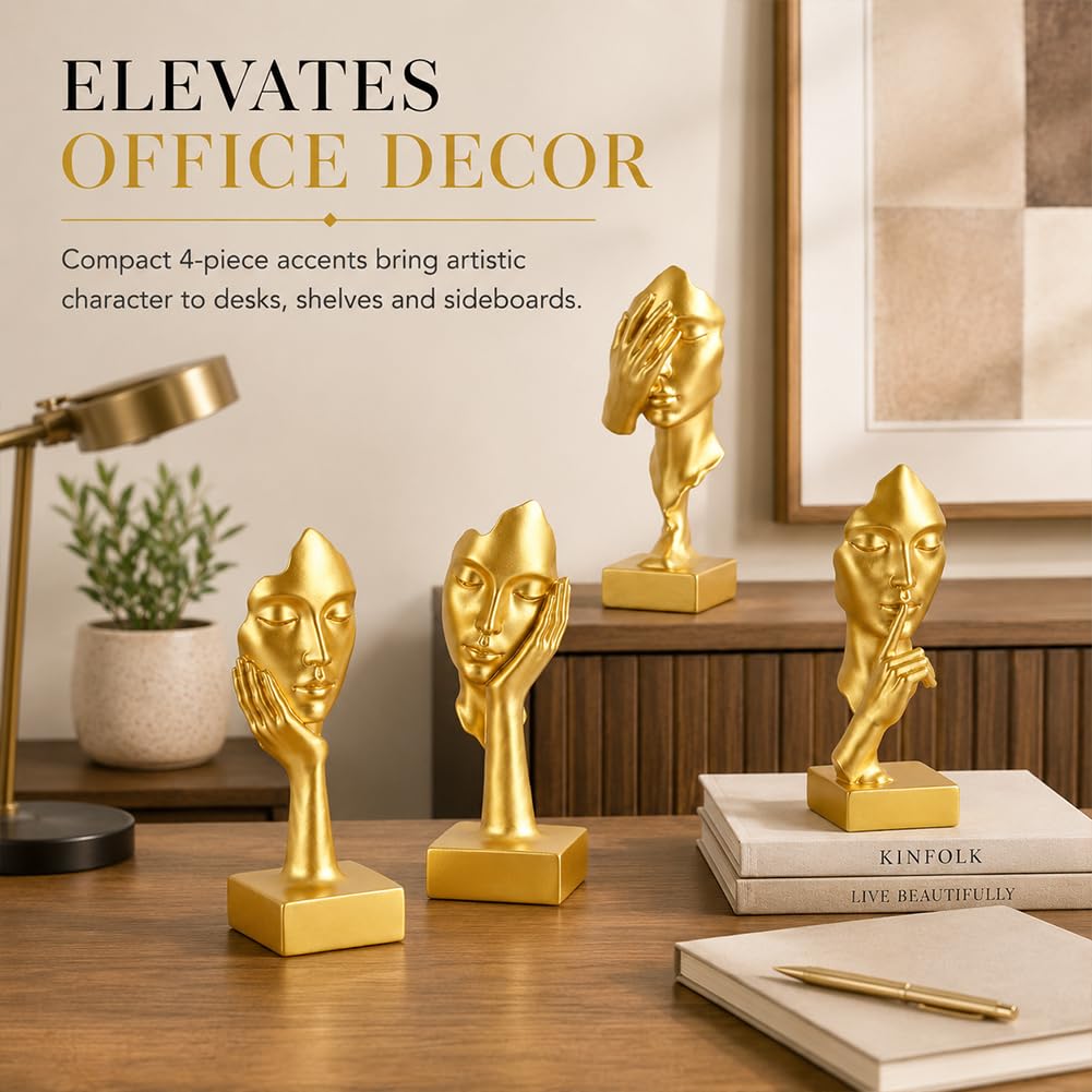 Juego de 4 esculturas abstractas doradas para decoración de estantes