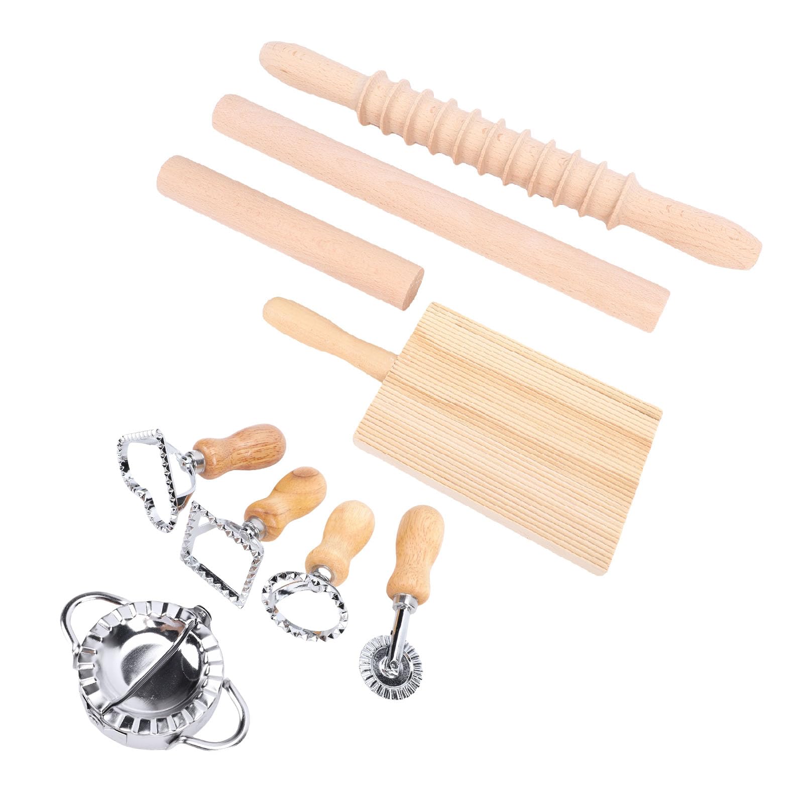 Kit de Herramientas para Hacer Pasta Gnocchi, Juego de 9 Cortadores de Pasta con Rodillo Roscado de Madera, Sello de Raviolis, Máquina para Hacer Fideos y Bolas de Masa para Casera, Regalo de