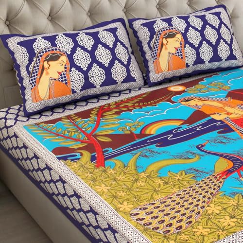 Image of JAIPUR PRINTS 100% Cotton Bedsheet for Double Size Bed bedsheets Rajasthani Jaipuri Printed Double Size Bedsheet with 2 Pillow Cover / 90x100 inch / 235x215 cm / (Blue)