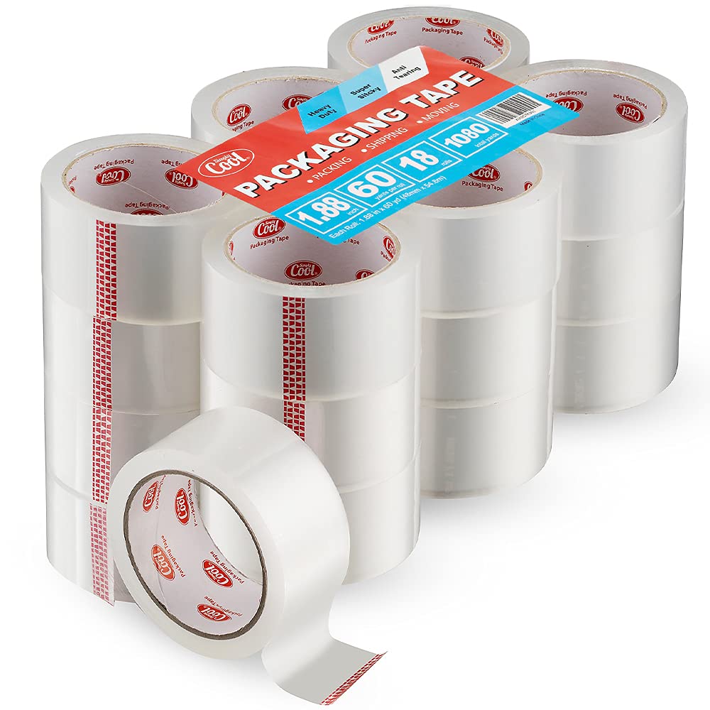 Simply Cool Packing Tape 18 Rolls, Clear Heavy Duty Shipping & Packaging Tape for Boxes, Moving, Mailing & Storage – Strong, 1.88” Wide x 60 Yards Per
