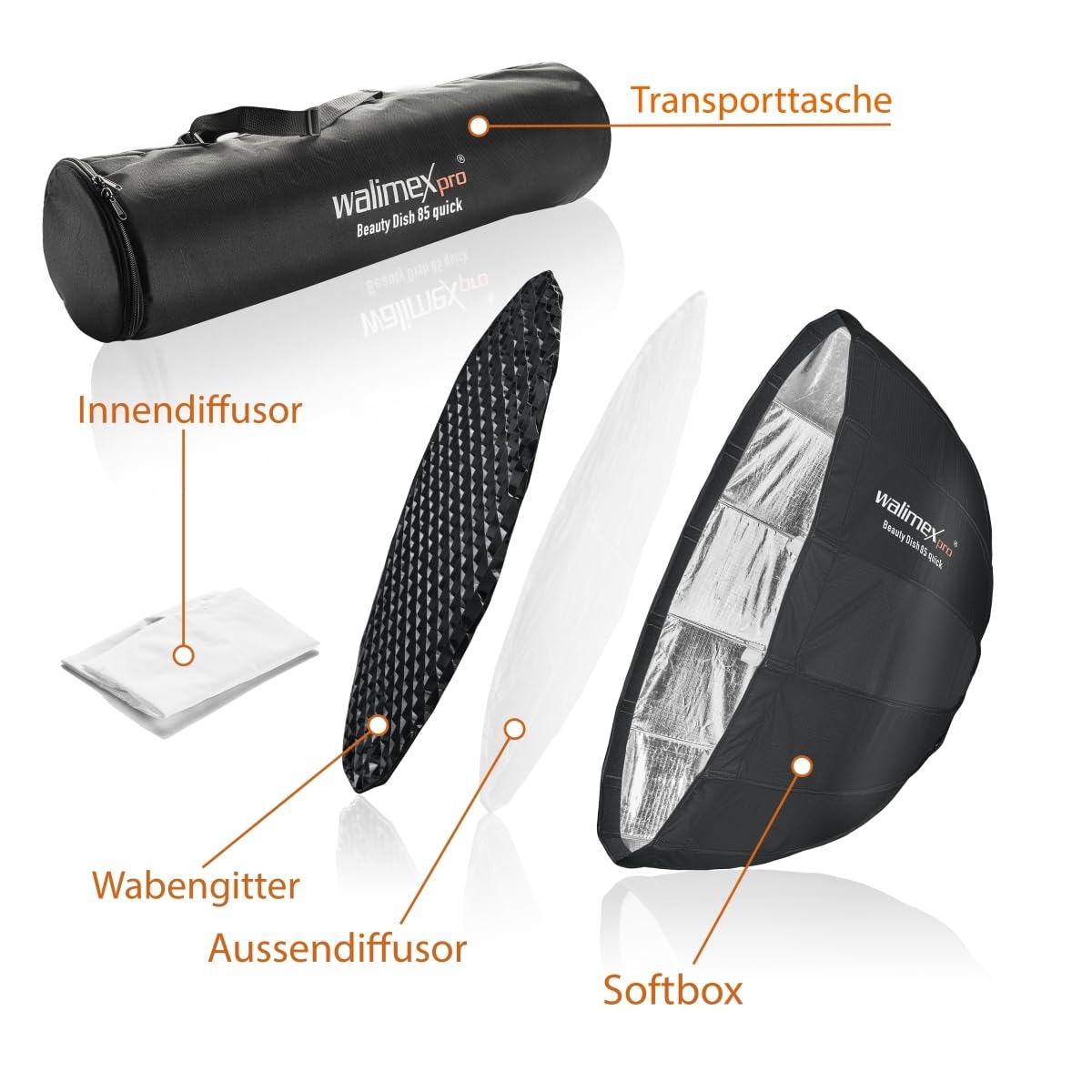Walimex pro Studio Line Beauty Dish Softbox QA85 - Beauty Dish forma świetlna, 85 cm Ø, 40 cm głębokości, składana, z kratką, dyfuzor wewnętrzny i zewnętrzny, do lampy błyskowej Speedlite