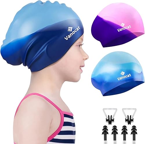 Paquete de 2 gorros de natación para niños para cabello largocorto, gorro de natación unisex de silicona para niños de 3 a 15 años, gorro de ducha