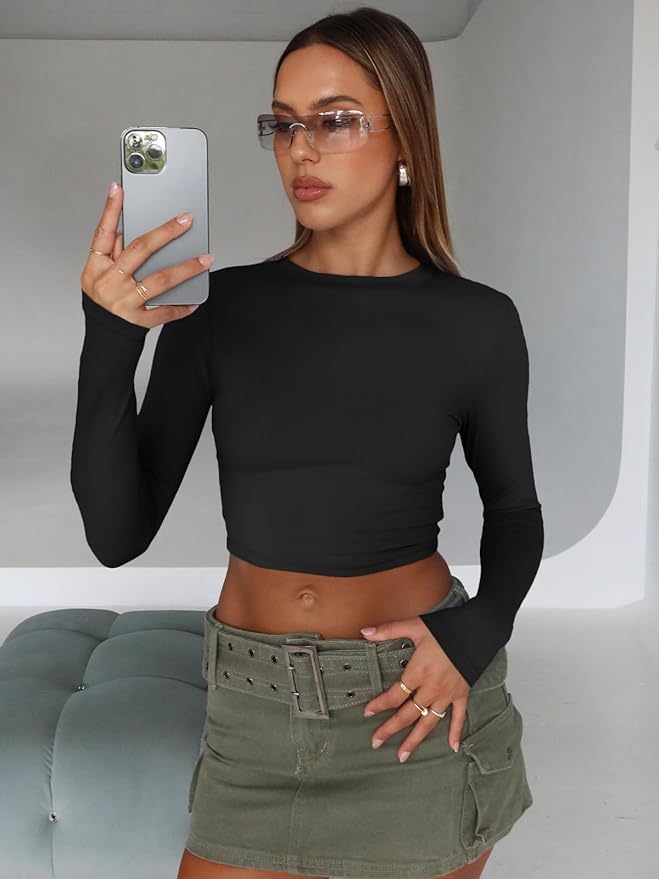 Trendy Queen Womens Long Sleeve Crop Tops Basic Slim Fitted Shirts Fashion 2025 Going Out Y2k Tops Teen Girl Clothes