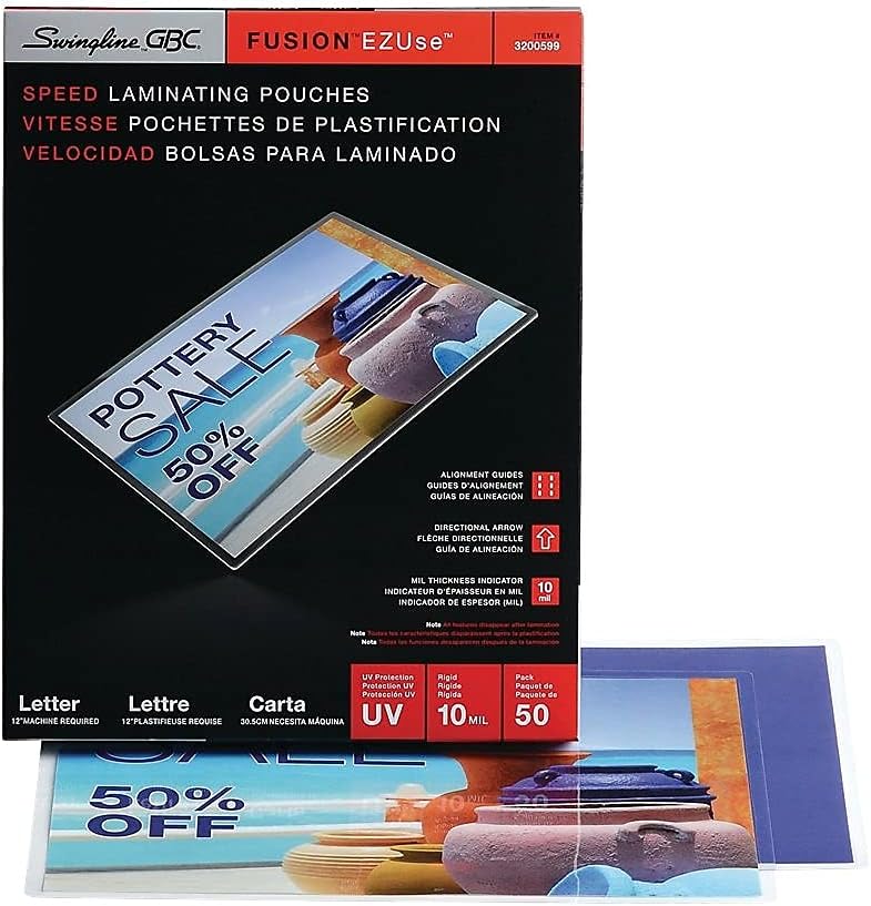 GBC Laminating Sheets, Thermal Laminating Pouches, Letter Size, 10 Mil, Speed Format, EZUse, 50 Pack (3200599)