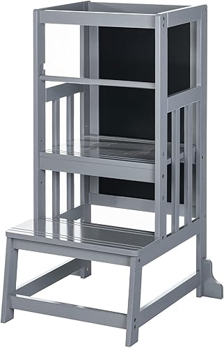 Miniatura 8 de UNICOO Taburete de bambú de altura ajustable para niños, torre de pie de cocina para niños, taburete de cocina estilo Montessori con tablero de arte