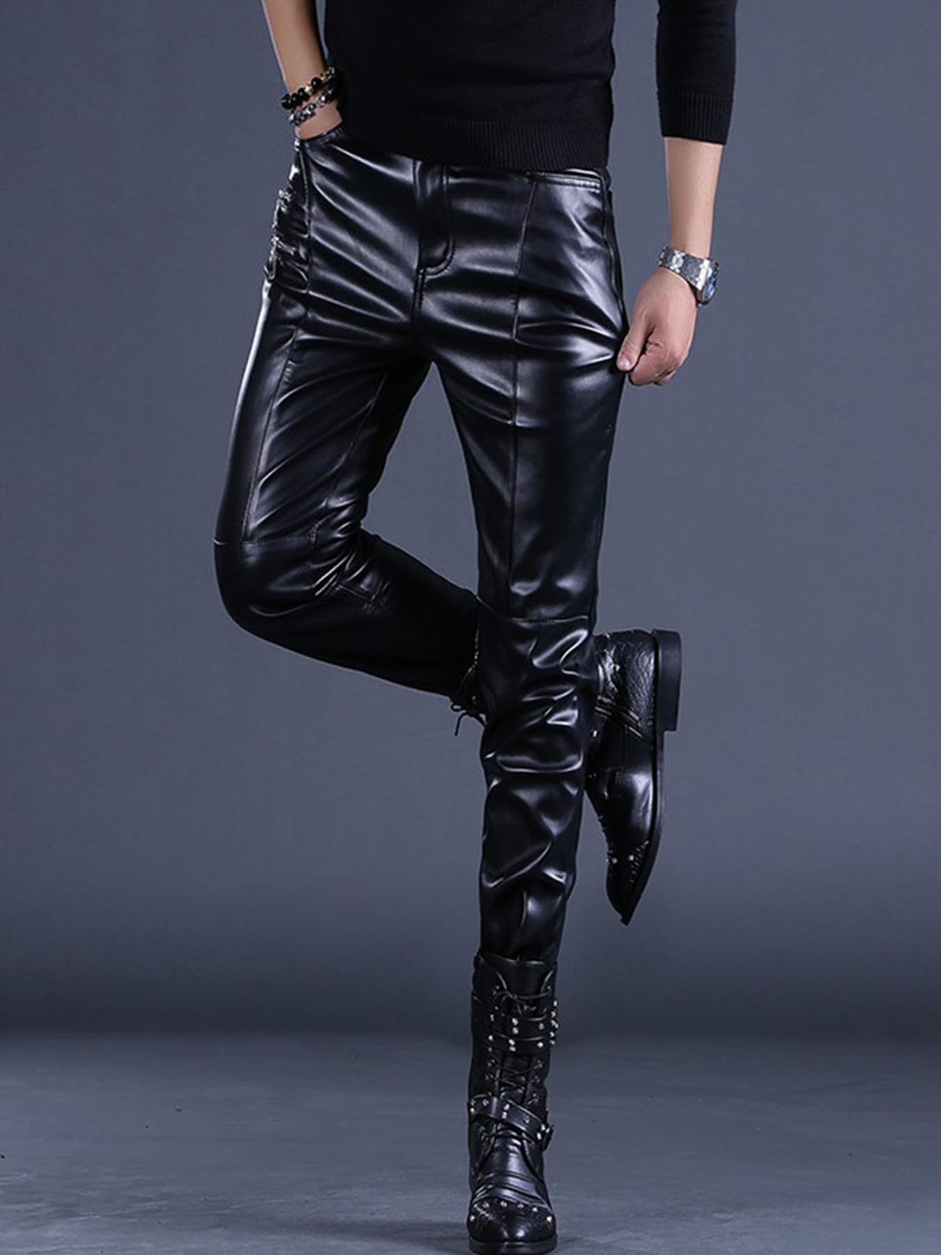 Idopy Pantaloni da uomo in pelle sintetica con cerniera, stile rock, stile steampunk, slim fit, nero, 54