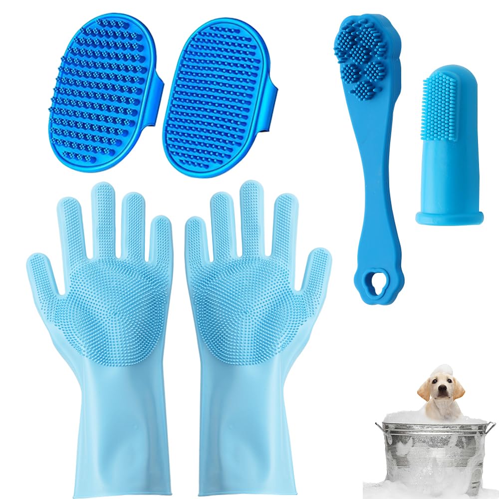 FIDWALL 6 Pcs Pet Washing Grooming Kit,Includes Dog Washing Gloves,Dog Bath Brush,Dog Toothbrush Finger Sleeves,Cat and Dog Bathing,Supplies Silicone Material,Meet Pet Care Needs