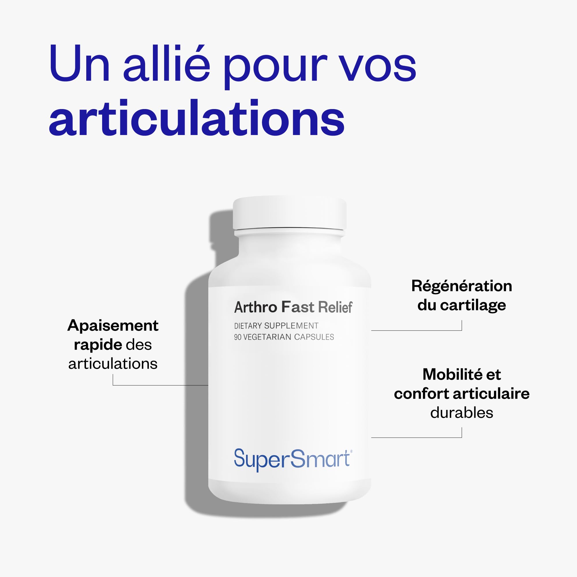 Arthro Fast Relief - Complément Alimentaire Articulations - Collagène Type 2 et PEA Validés Cliniquement, MSM, Astaxanthine, etc. - Douleurs Articulaires, Mobilité, Cartilage - 90 Gélules - SuperSmart