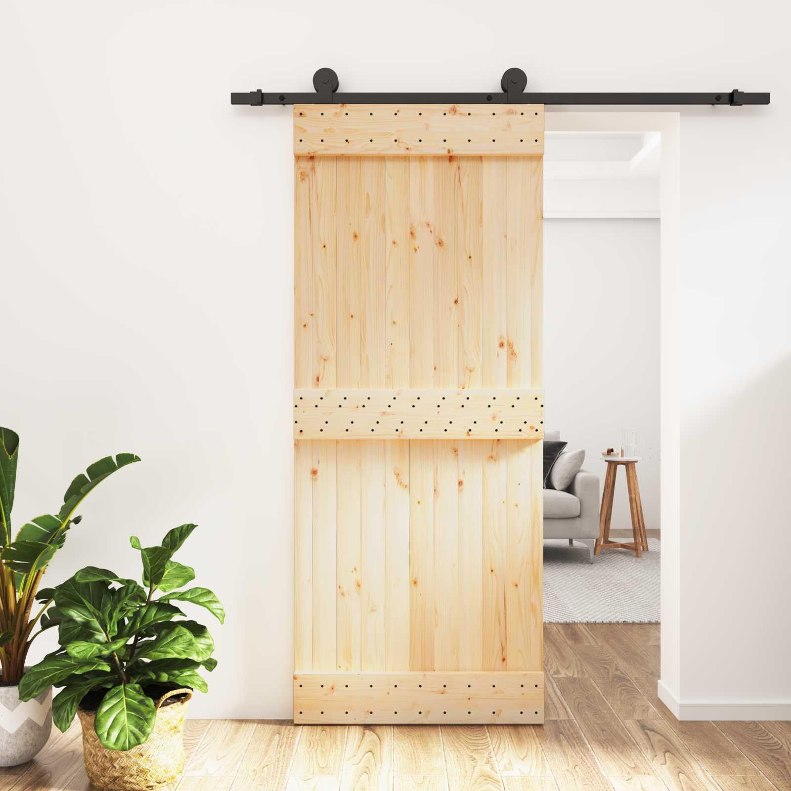 Puerta corredera de madera de pino con riel de acero, 85 x 210 cm, natural