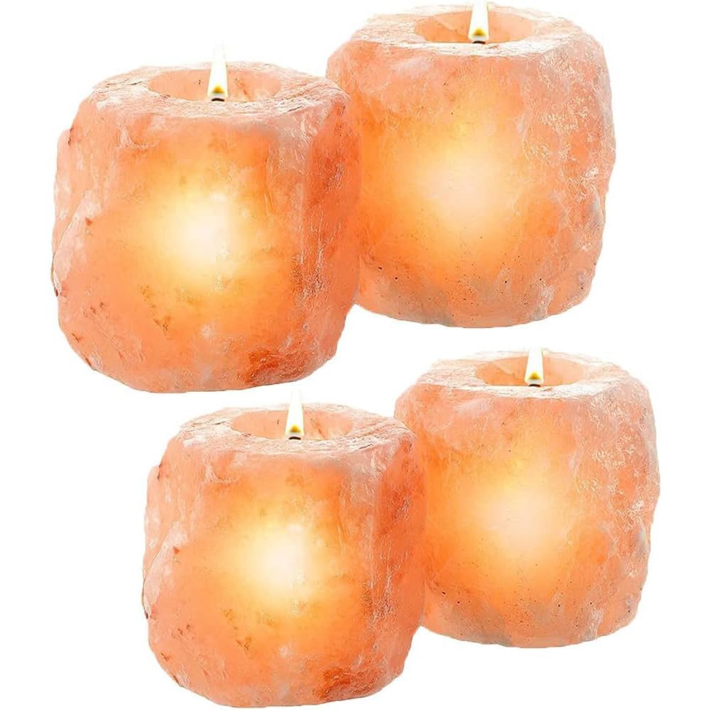 Soo Pink Himalayan Salt Crystal Tea Light Candle Holders, Natural Rock Salt, Set Of 2,4,8, Decorative Tealight Holders For Home & Birthday Gift Salt Lamp Candles Set- Healing Ionizing T-Lights (4)