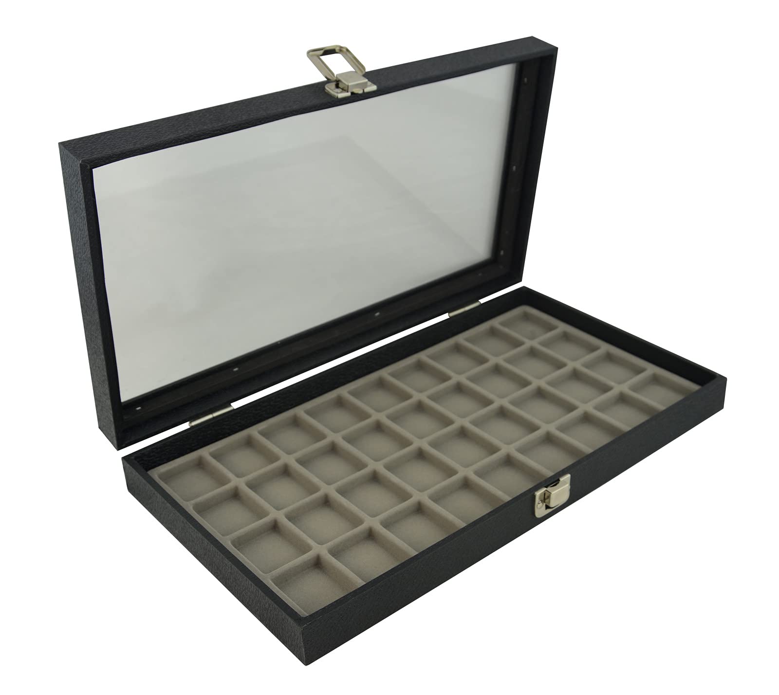 Box Displays Grey Glass Top Display Case With A Snap Close Lid & A Choice Of Flocked Jewellery Coin Medal Display Insert (Case With 36 Compartments)