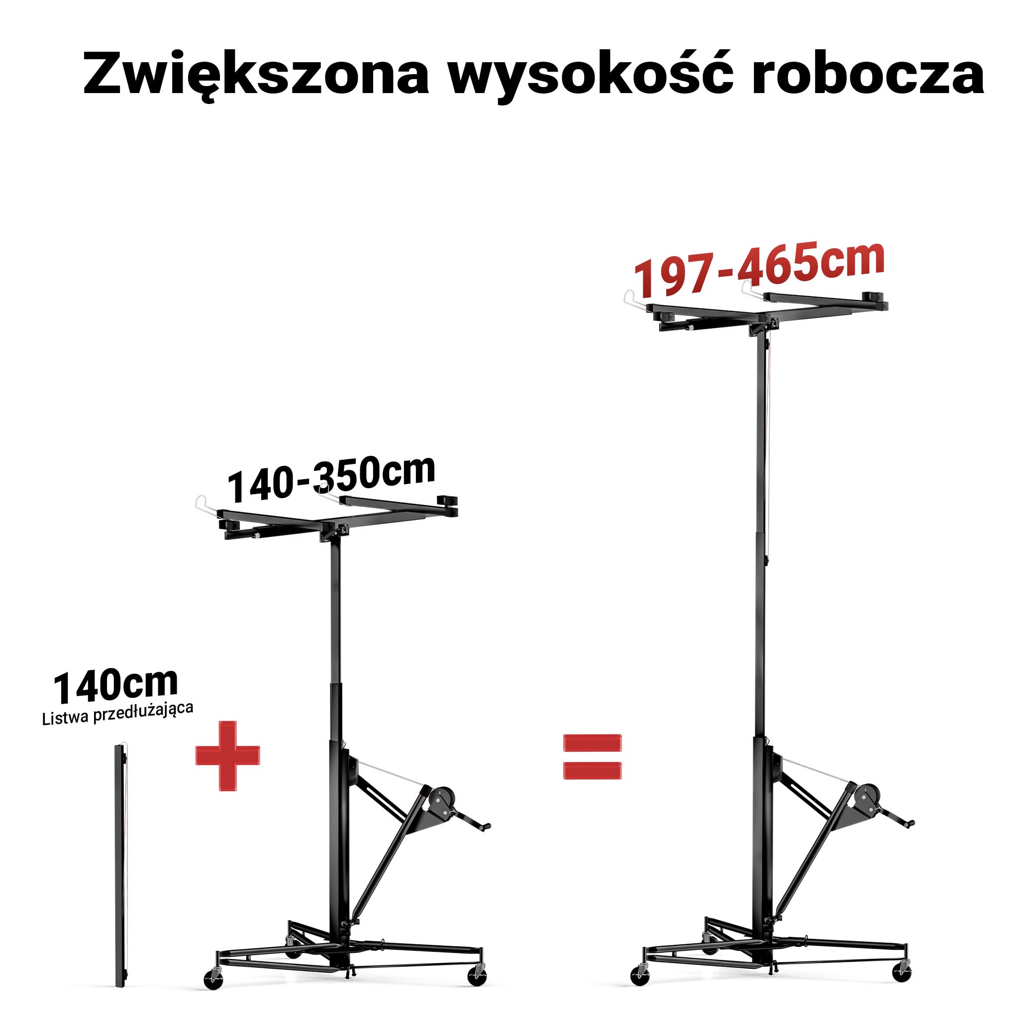 Przedłużenie Wiltec 140 cm do podnośnika do płyt XXL do maks. 68 kg, pomoc montażowa do płyt gipsowo-kartonowych, podnośnik do płyt gipsowo-kartonowych z 3 kółkami, czarny