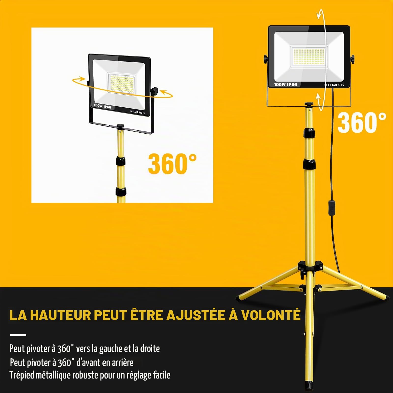 Projecteur LED de chantier 100W avec trépied, 10000LM | Tête unique portable, lumière de travail, intérieur/extérieur, Câble 5m, 175-265V, Étanchéité IP66, pour atelier, garage