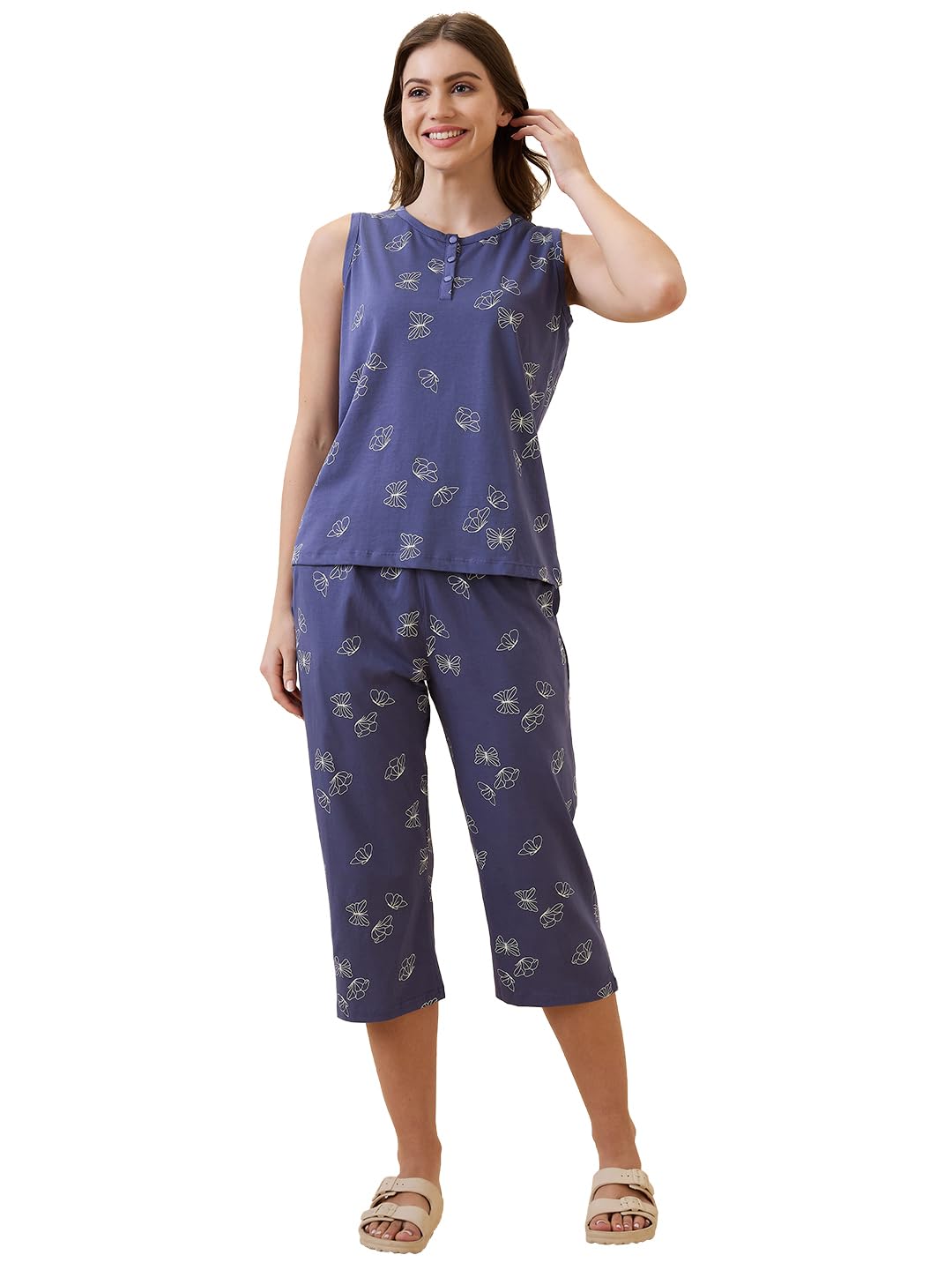 av2 Women's Cotton Printed Round Neck Short Sleeve Night Suit Set | Capri Set | Casual Night Dress for Women-2127-picture-31