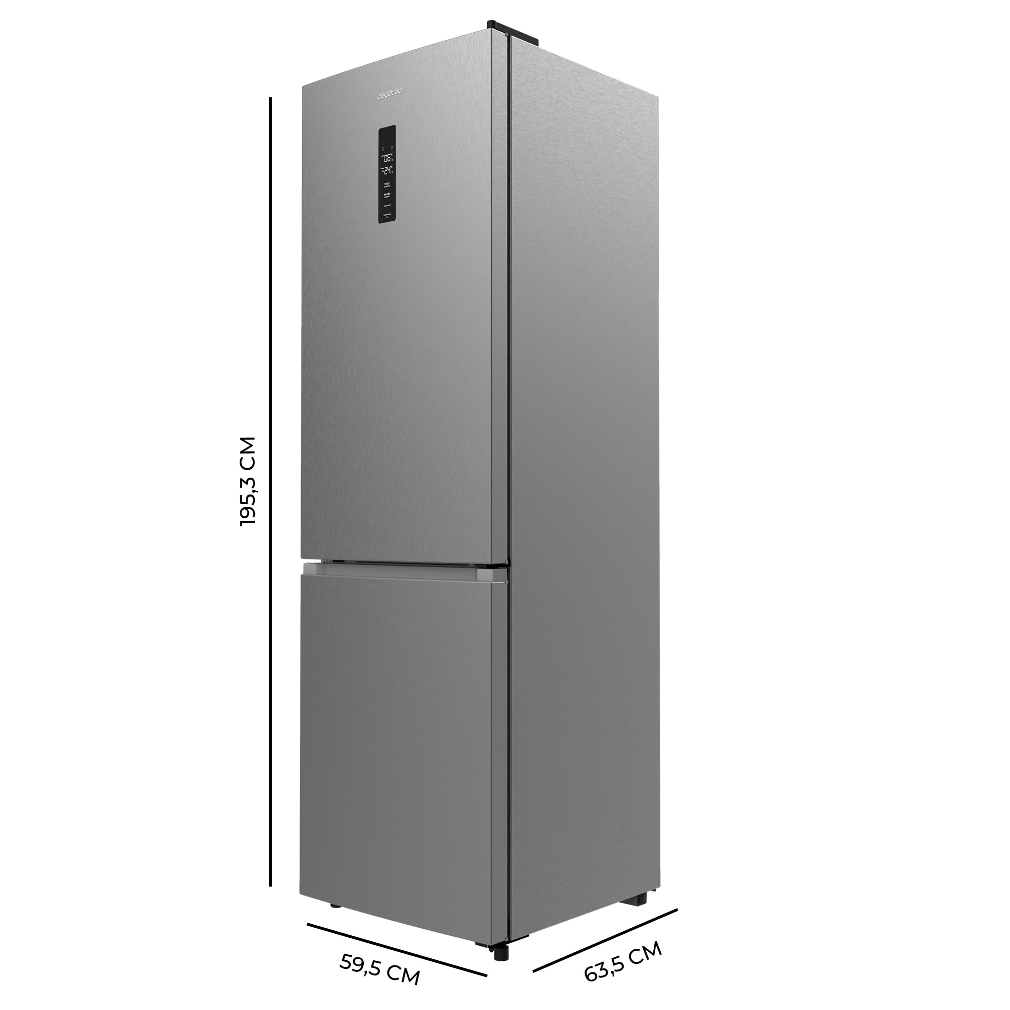 Cecotec Frigorífico Combi 335L No Frost Bolero CoolMarket Combi 335 Inox E. Altura 195,3cm y 59,5cm Ancho, Compresor Inverter Plus, Bajo Consumo, Estantes de Cristal, Cajón Control de Humedad, Inox