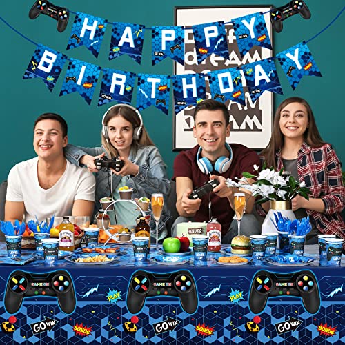 172 Pieces Video Game Party Decoration Set Game Happy Birthday Banner Gamer Party Supplies Plastic Tablecloth Paper Plates Tableware For Boy Girl Player Birthday Party Pack, Serving 24 Guests (Blue) #TOP4