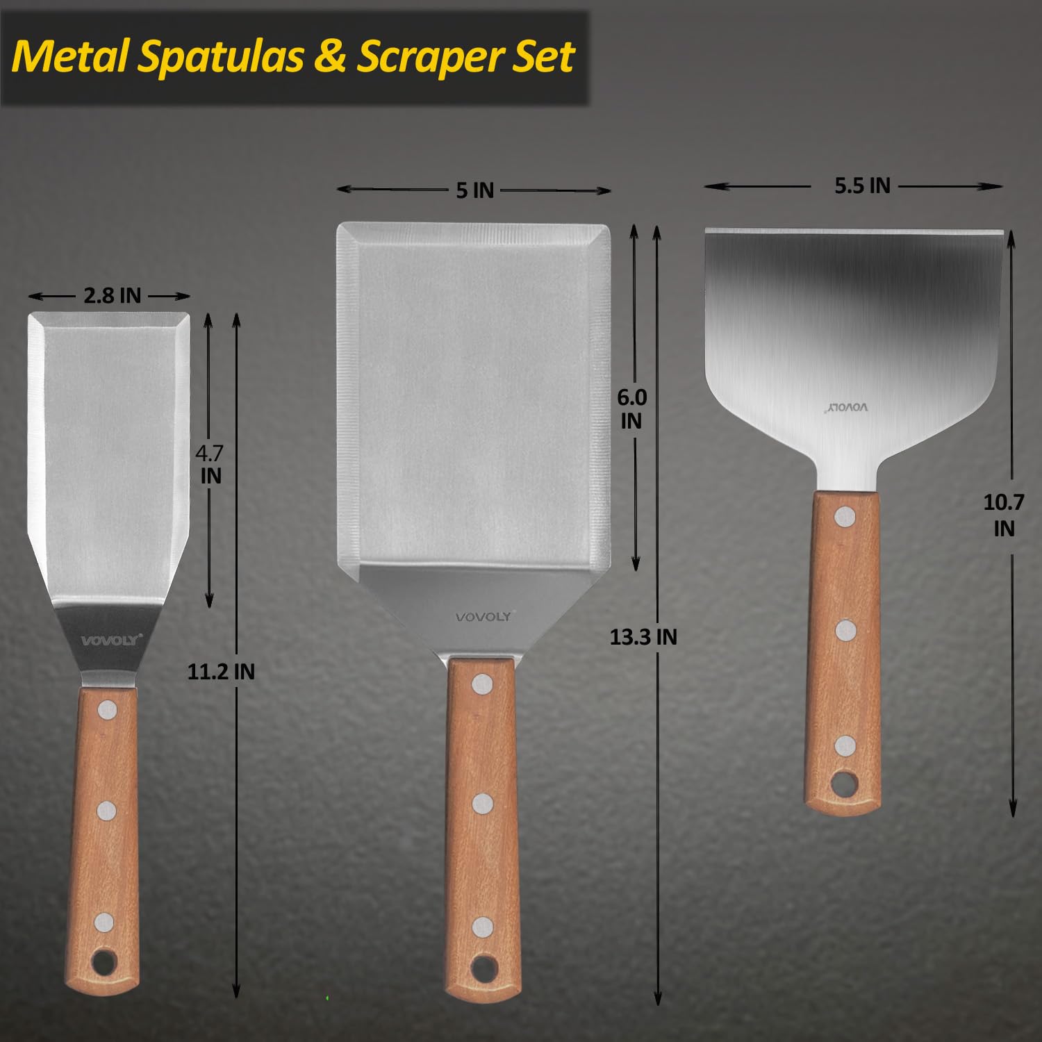 Edelstahl-Metall-Spatel-Set für Grill, Grillspachtel, Schaber für Grill/Flachgrill, voller Griff, verdickte Klinge, abgeschrägte Kanten, tolles Grillzubehör für Pfannkuchen/Burger