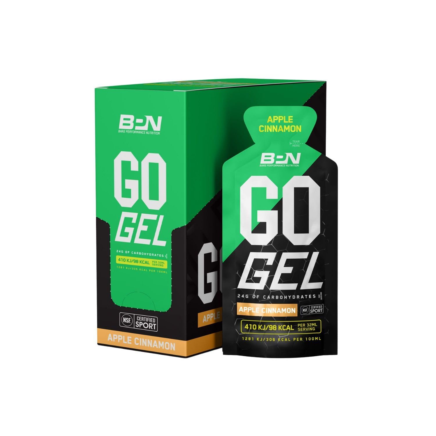 Bare Performance Nutrition BPN Go Gel, Vegan + Gluten Free Running Gel with 24g of Carbohydrates & 100 Calories per Pack, 10 Single-Serving, Apple Cinnamon