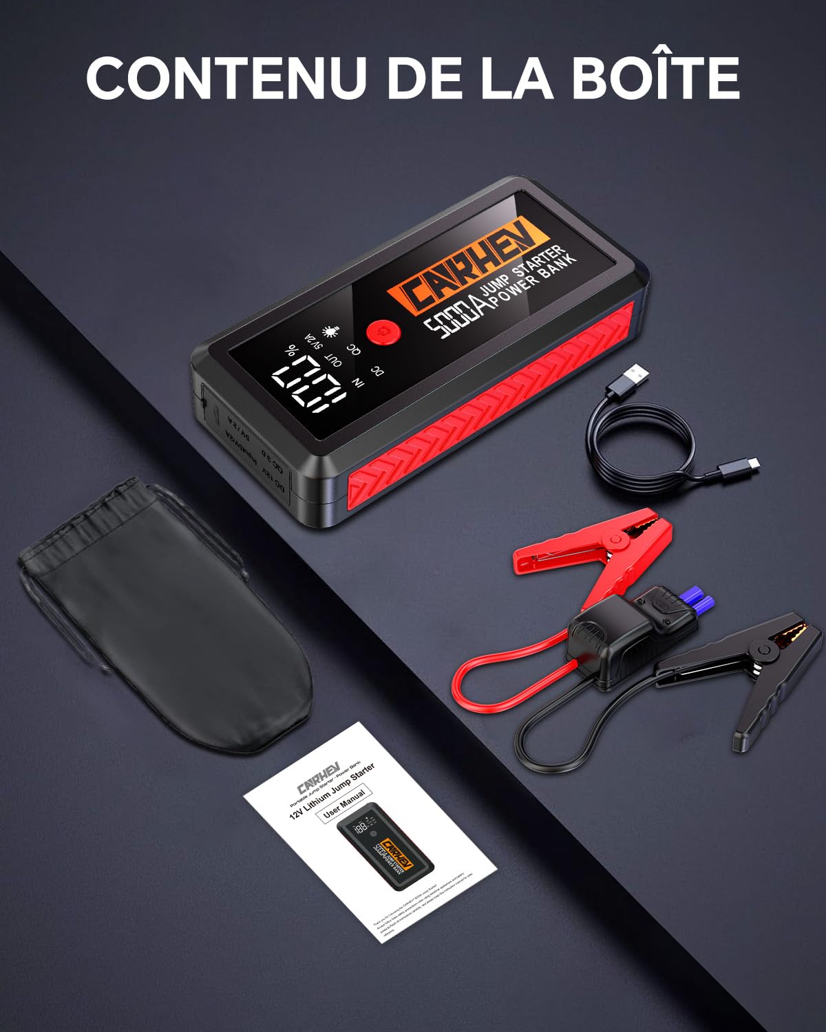 CARHEV Booster Batterie Voiture 5000A, 26800mAh Démarreur Batterie Voiture (Jusqu’à 10L Essence & 10L Diesel), 12V Portable Jump Starter avec Pinces de Sûreté Intelligentes, Lampe à LED, Écran LCD