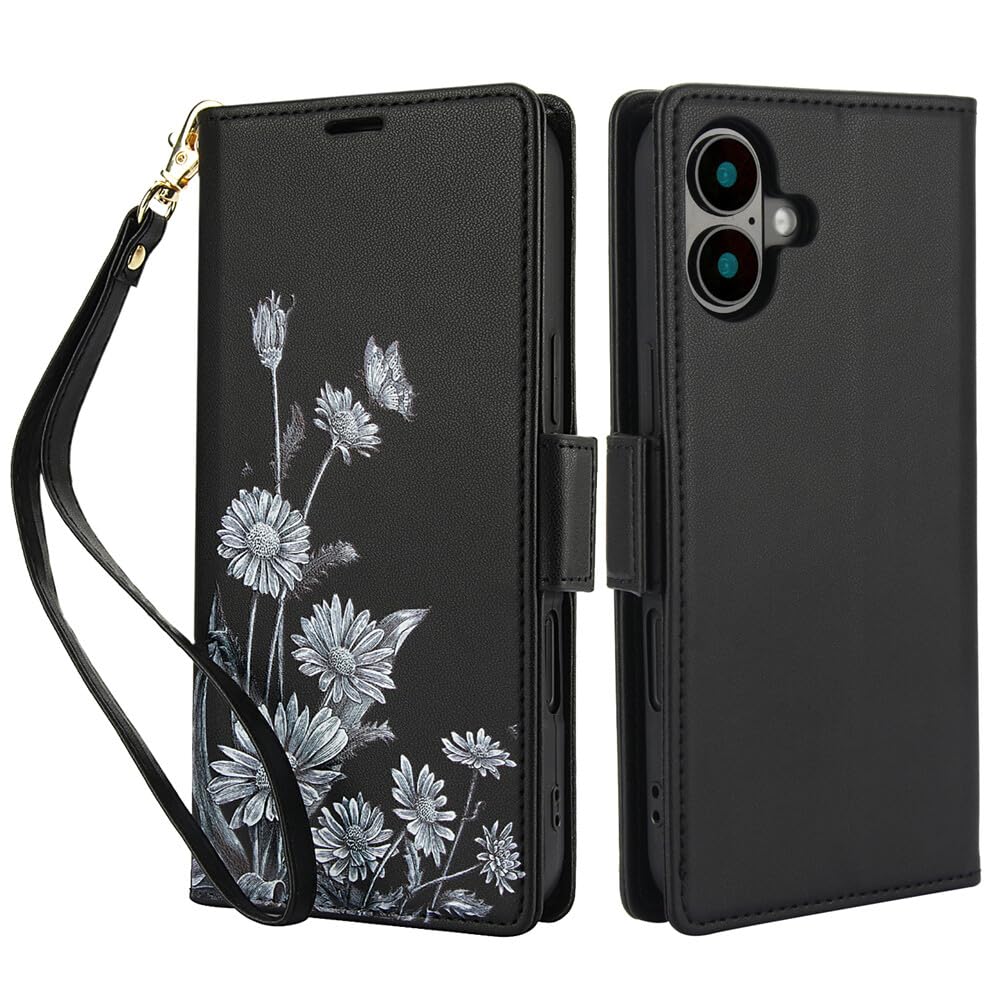Generic Étui compatible avec iPhone 6/6S (couleur : noir) étui portefeuille à rabat en cuir à fleurs