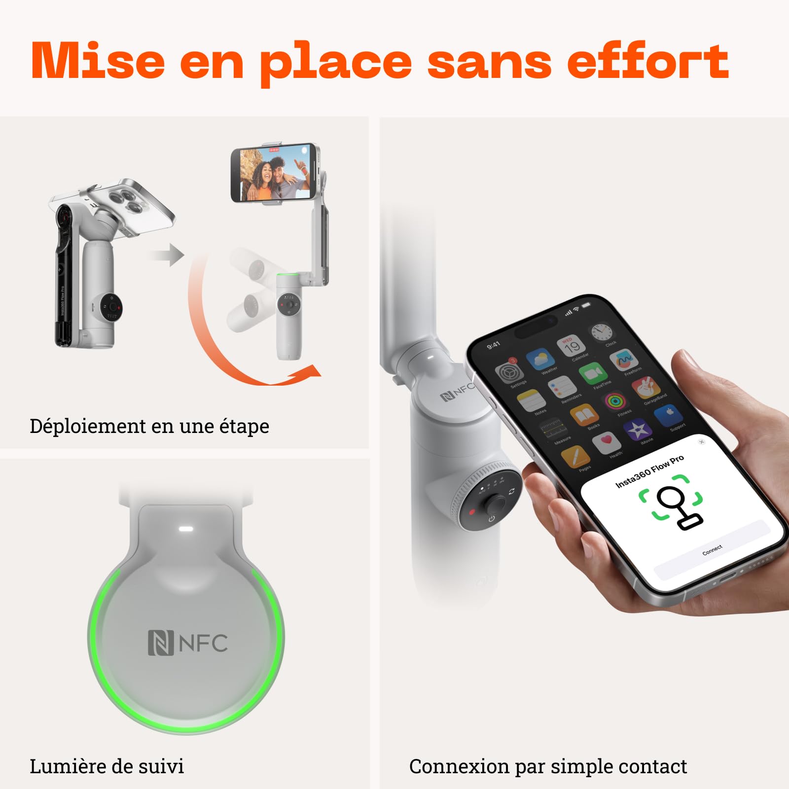 Insta360 Flow Pro Pack standard - Stabilisateur pour smartphone alimenté par l'IA, compatible Apple DockKit, suivi panoramique infini à 360º, stabilisation 3 axes, trépied intégré, portable et pliable