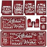 Fourluoo 10 Pcs Farmhouse Kitchen Decor and Accessories Set 4 Kitchen Towels 2 Pot Holders 2 Oven Mitts 2 Rugs for Cooking Baking Mom Housewarming Gifts(Red,Classic Style)