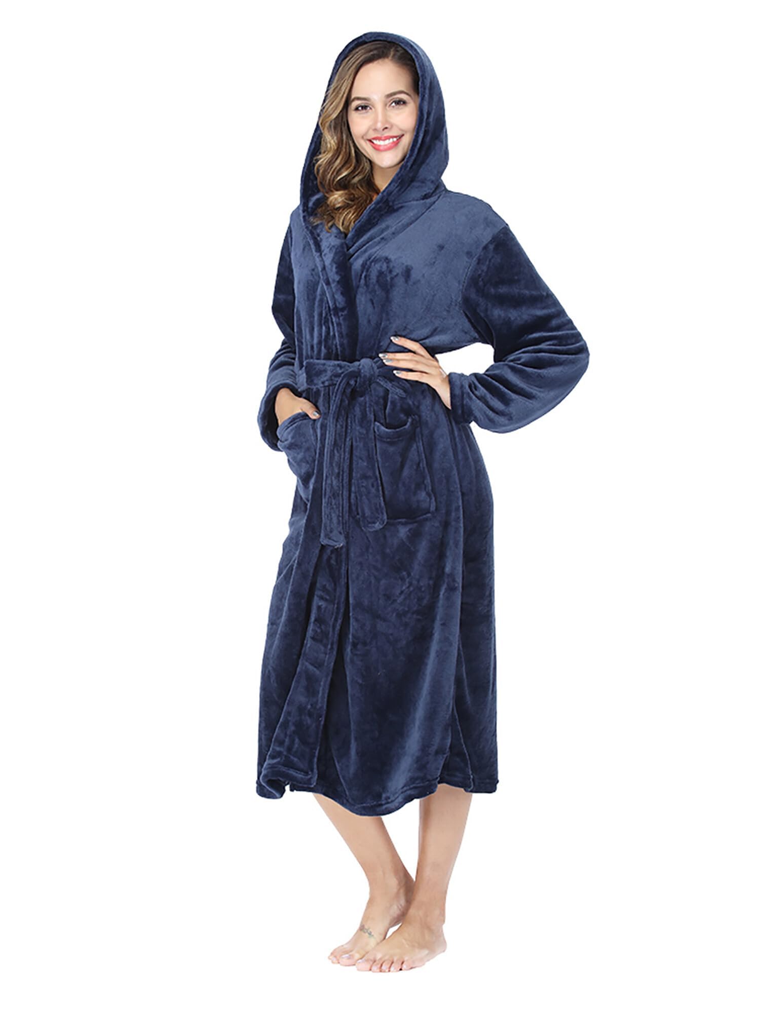 RONGTAI Langer Damen-Bademantel aus Plüsch-Fleece, dick, mit Kapuze, mit Taschen, flauschige Nachtwäsche für Herren