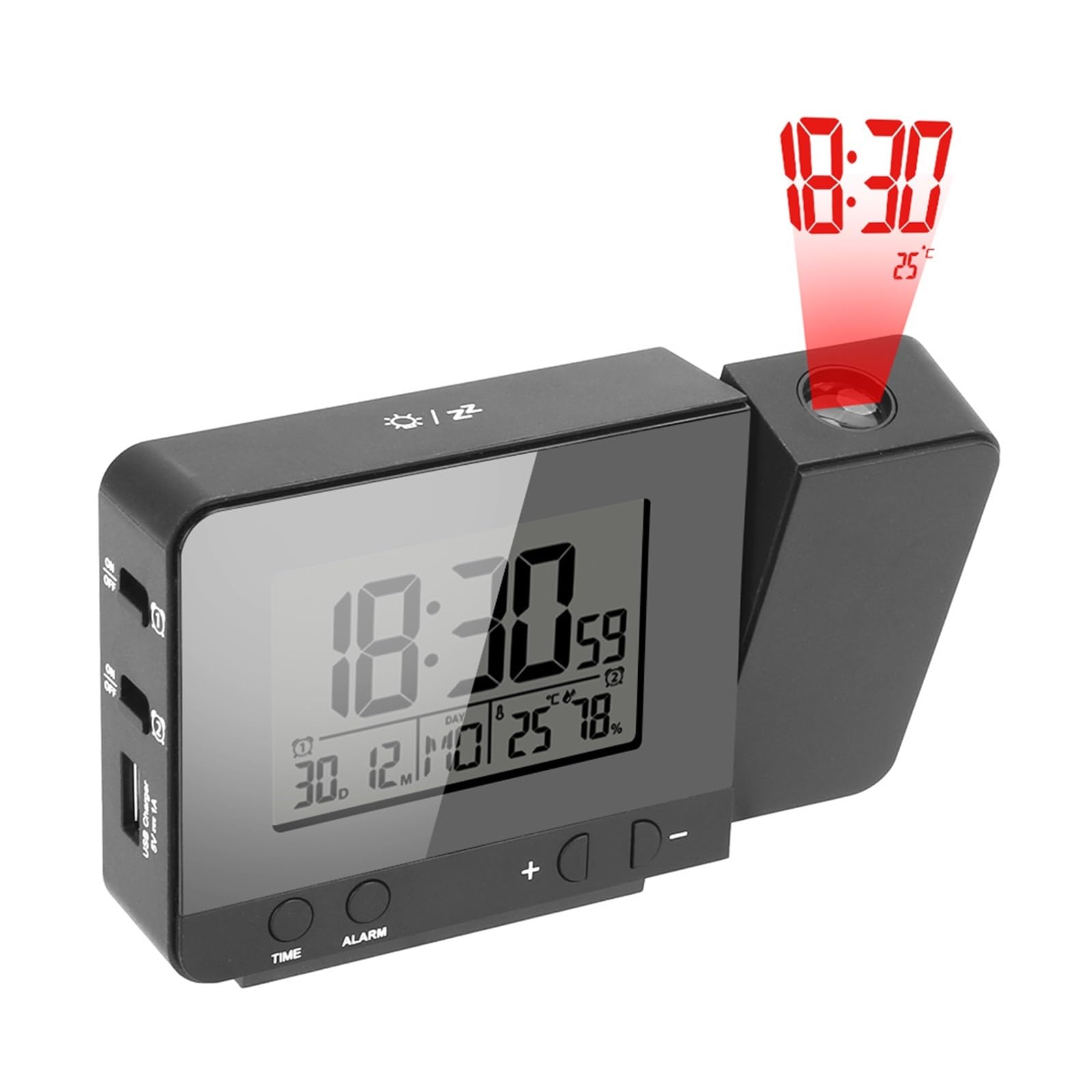 Table De Bureau Horloge LED Projection Réveil Température Intérieure Humidité Multifonction Numérique Date Snooze Fonction Projection Claire(Type A Black)