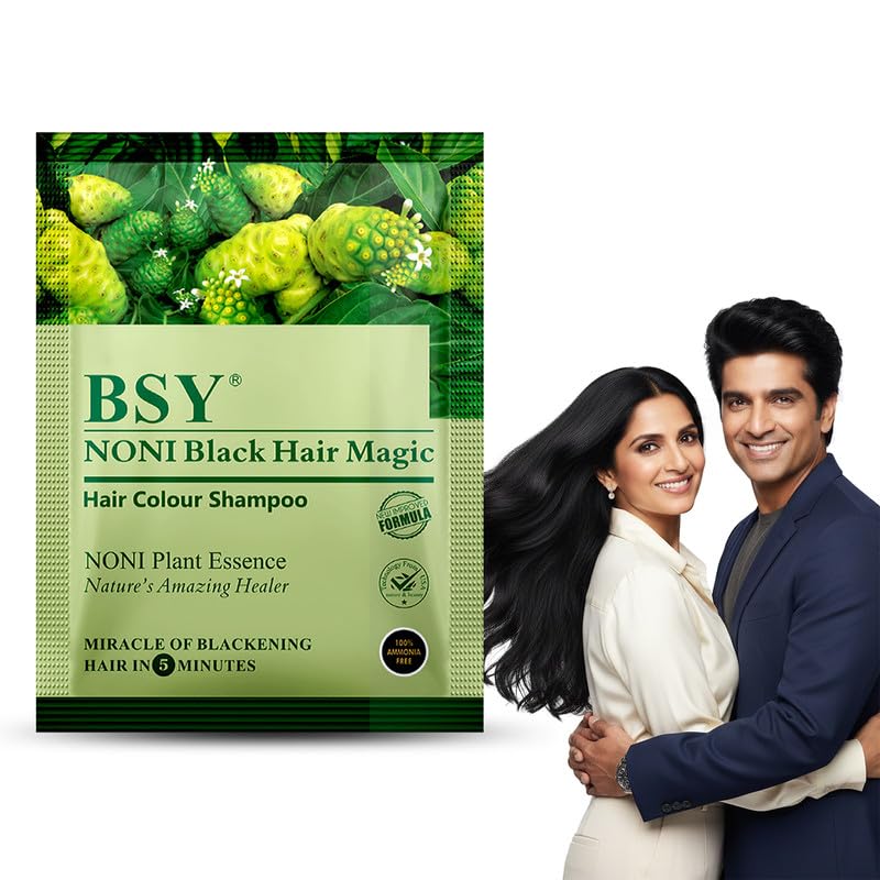 BSY 5-Min 3 IN 1 Natural Hair Color Shampoo Black | Ammonia Free Long Lasting Hair Color_Noni Fruit Extract Based Herbal | No Hair Loss, Grey Coverage Hair Dye Shampoo for Women & Men (20ml-2 Sachet)