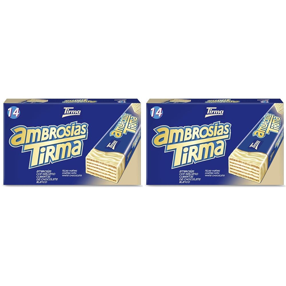 Tirma Waffelriegel weiße Schokolade | 14 Einheiten, 301g | Zarte Cremefüllung | Nicht-GVO | Für Vegetarier geeignet | Einzeln verpackt | Snack für unterwegs (Packung mit 2)