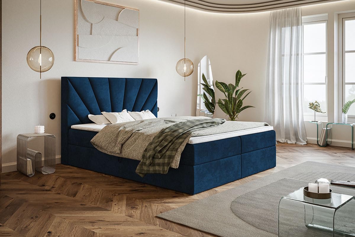 Boxspringbett 180x200, Velourstoff, Dunkelblau, Bonell-Matratze