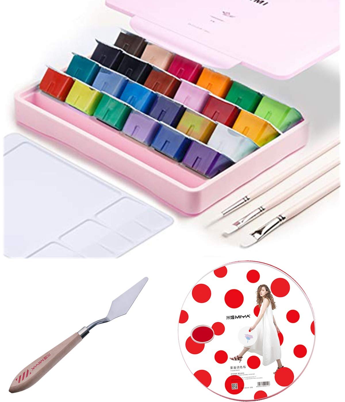 AOOKHIMI Gouache Paint Set 24 Vibrant Colors Non Toxic Paints Jelly Cup Design with Palette Paint Brushes Portable for Artist Canvas Painting Watercolor Papers, 30ml/Cup (24 PINK COLER +3+1+1)