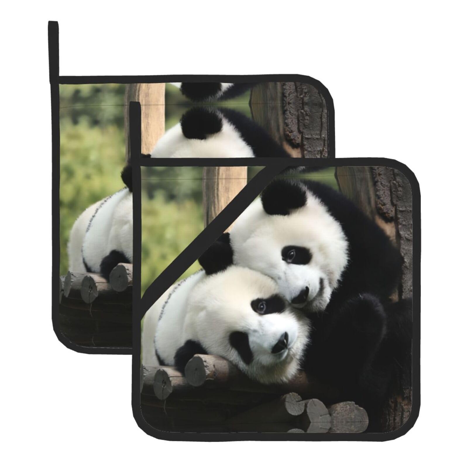 YYHWHJDE Lovely Pandas Prints Square Hot Pads for Kitchen Counter - Waterproof Pot Holders with Hanging Loop, Durable Trivets for Microwave Oven - 2 Pack