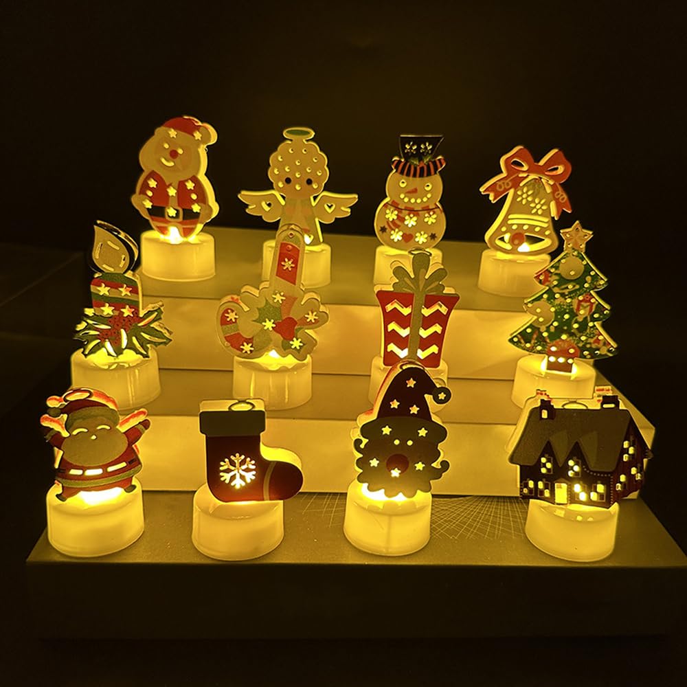 WDKXCN Velas LED Decorativas Navideñas, 12 Unidades Velas de Navidad Sin Llama, Tema de Navidad Velas de Té LED Eléctricas, Velas LED Sin Llama para Navidad, Árbol de Navidad, Pascua, Boda, Fiesta