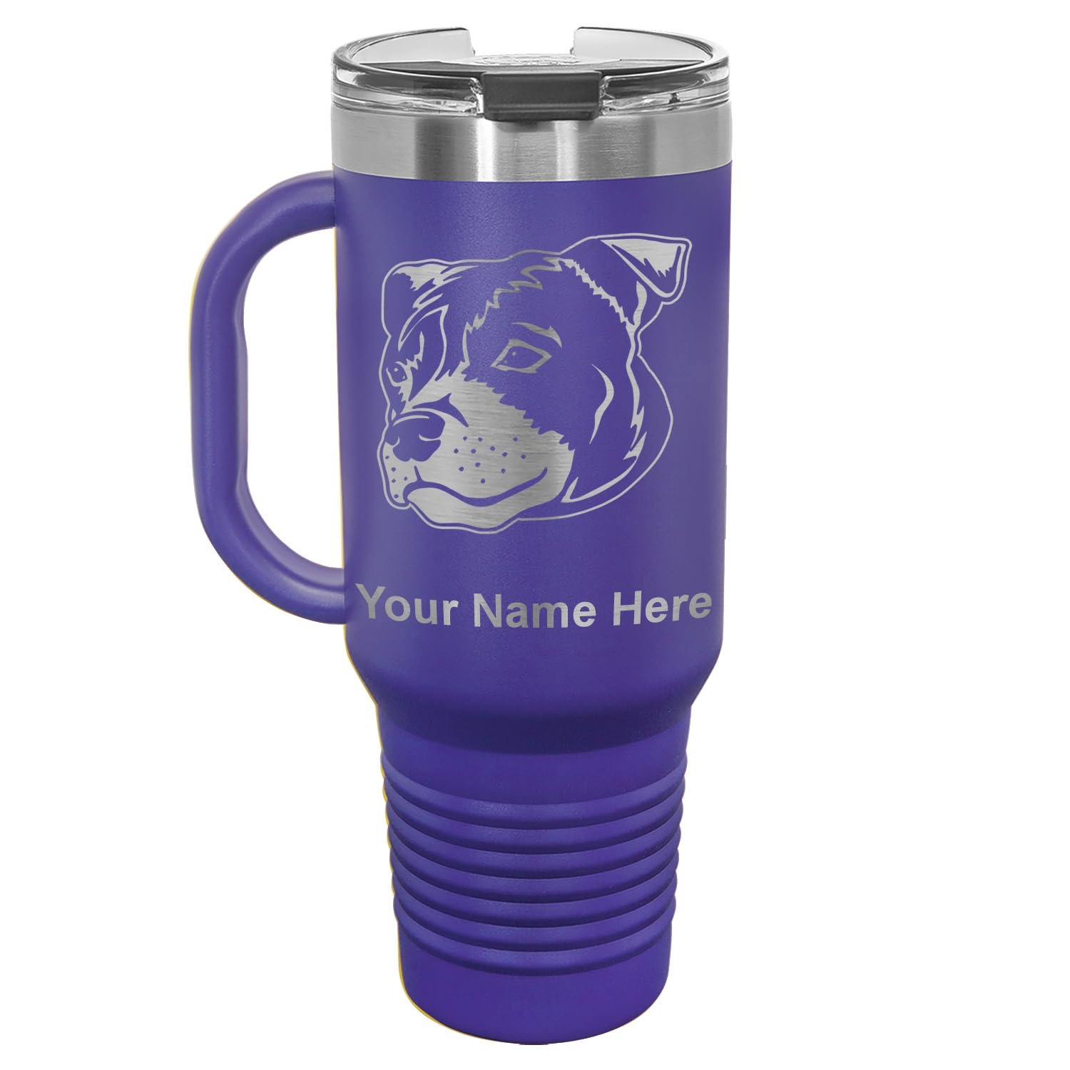 LaserGram40oz Vacuum Insulated Travel Mug with Handle, Staffordshire Bull Terrier, Personalized Engraving Included (Dark Purple)