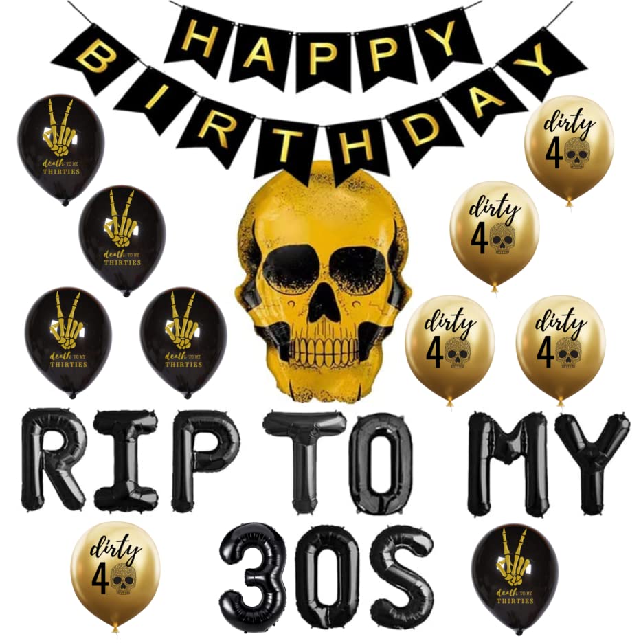 GeloarRIP To My 30s 40th Birthday Party Supplies, RIP THIRTIES Balloons Happy Birthday Banner for Death to My 30s Thirties RIP Youth Men Dirty 40 Funny 40th Bday Decorations (Gold, RIP 30s)
