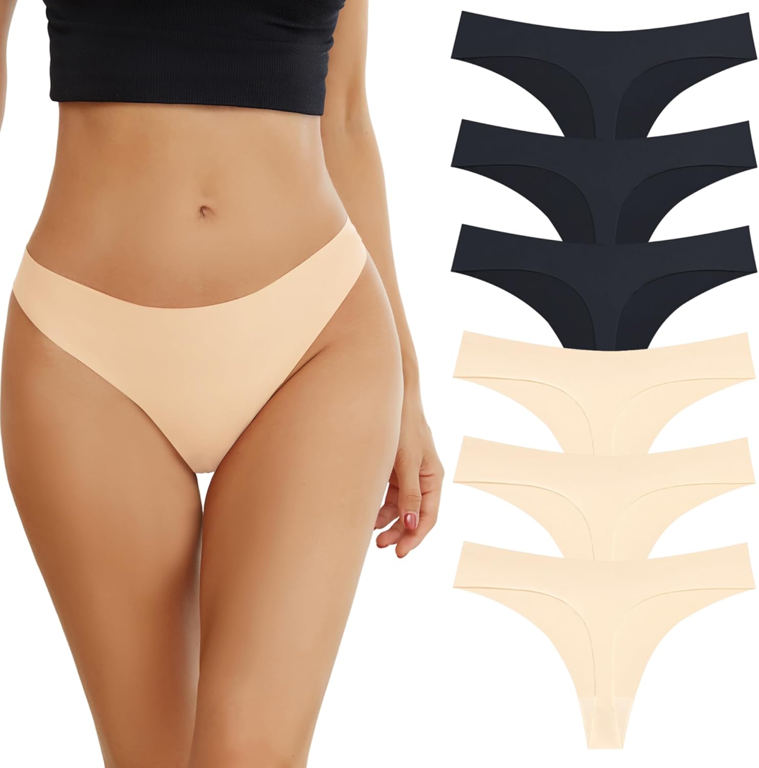 Seamless Thongs for Womens Underwear Sexy Panties for Ladies No Show Invisible Breathable Low Rise 6 Pack
